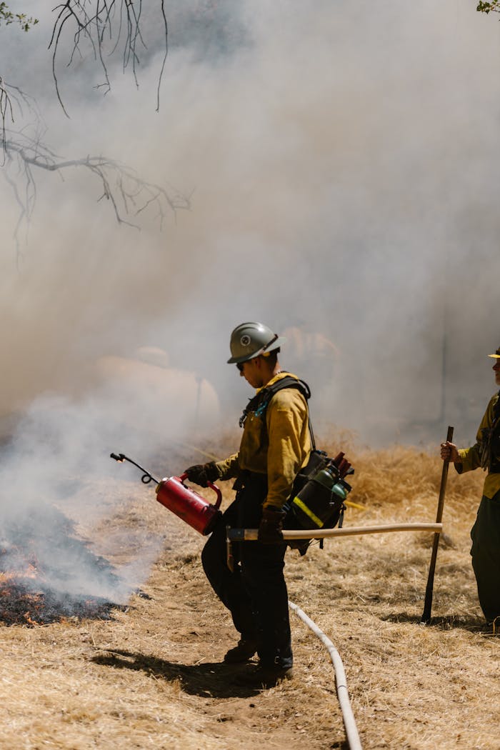 Firefighters control a blaze in Sequoia National Park, amidst thick smoke and dry grass.